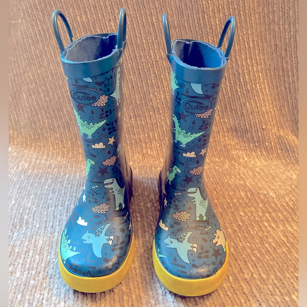Kids Dinosaur Rain Boots Blue Yellow Pull On Handles Size 1 Waterproof